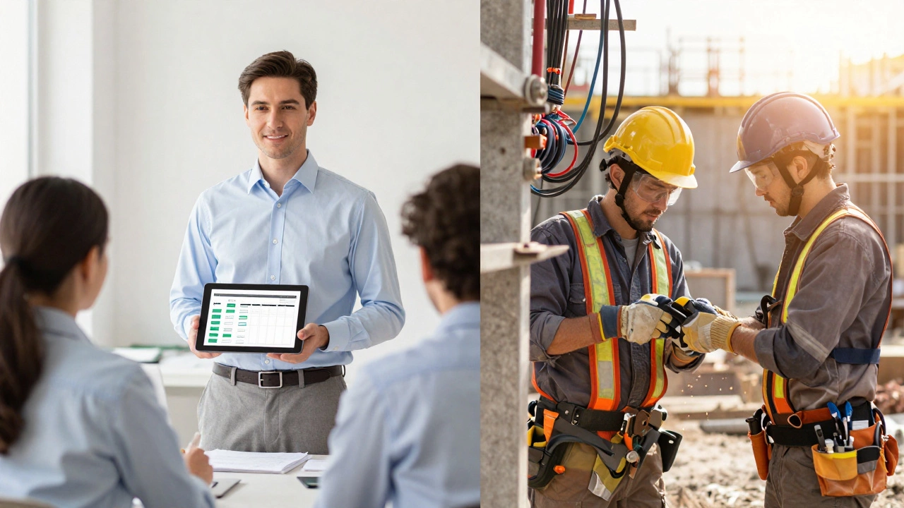 Split view showing a project manager leading a team and an electrician working on construction site wiring.
