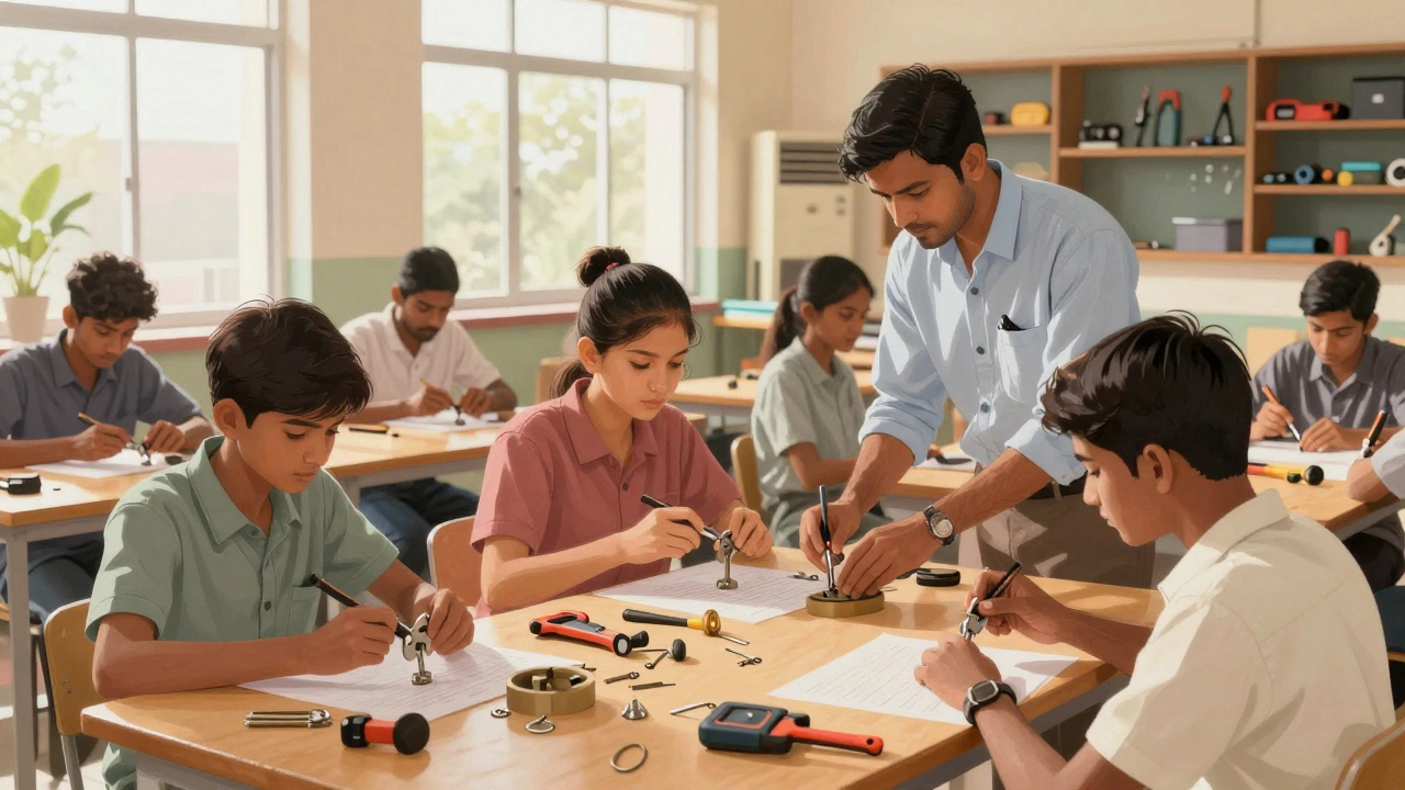 Students learning locksmith skills in Indian vocational classroom