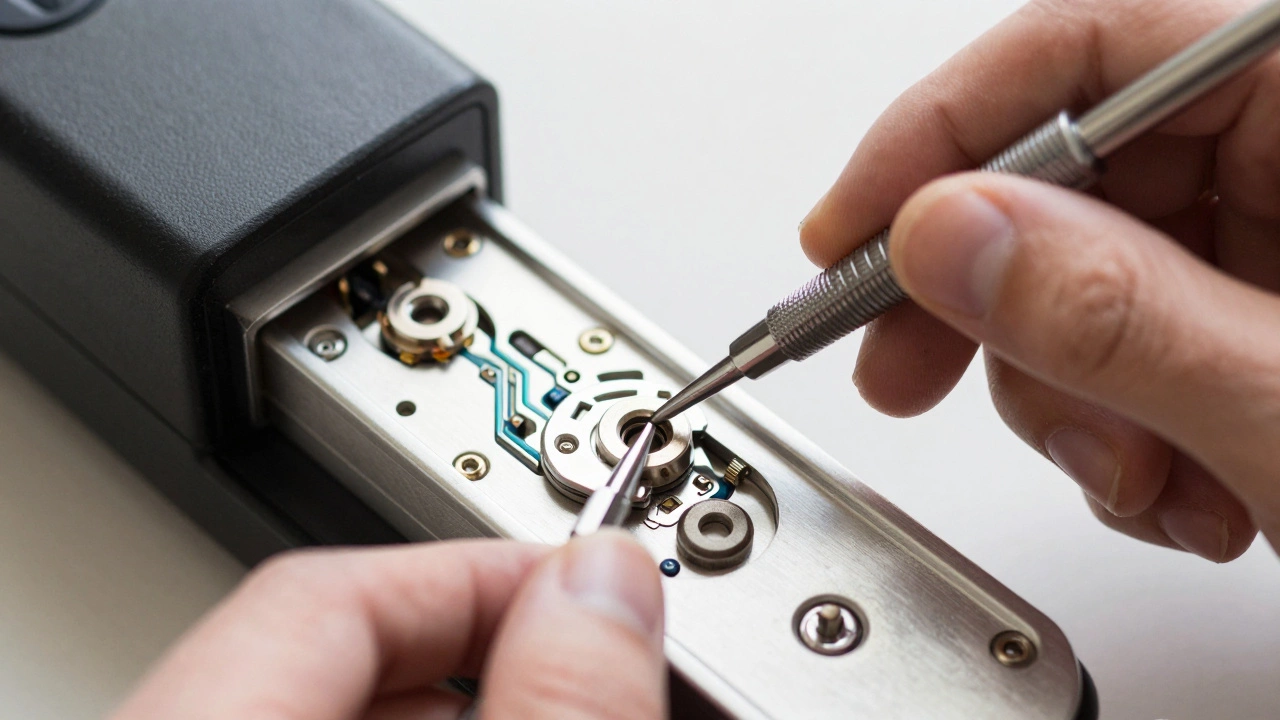 Technician carefully repairing complex smart lock mechanism