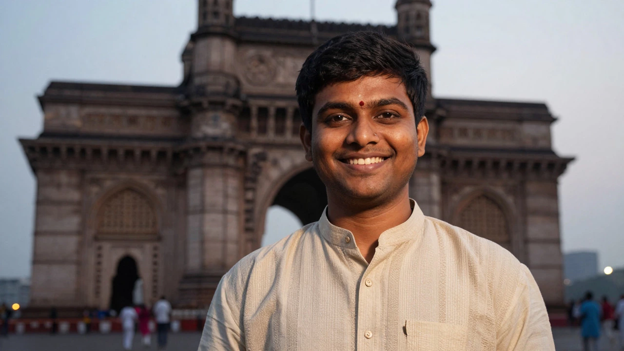 Friendly local smiling near Gateway of India representing Mumbai hospitality