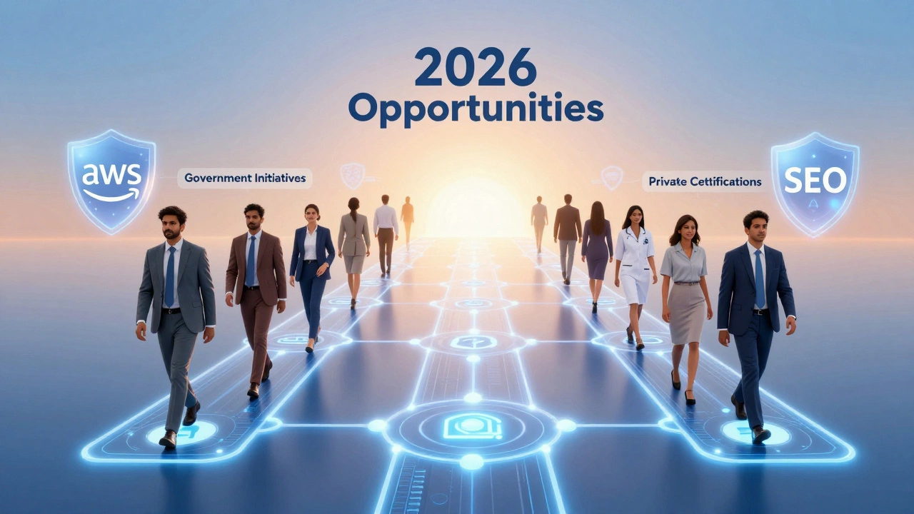 Futuristic concept art of a career path with skill icons and certifications
