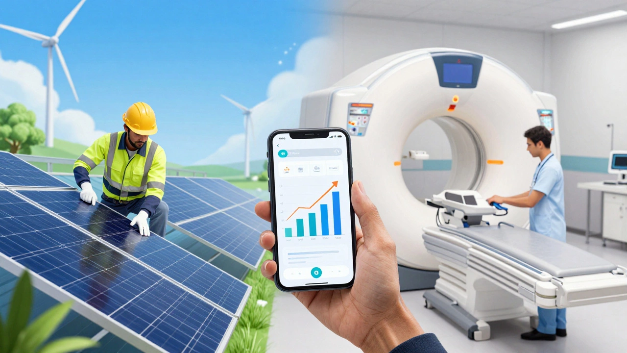 Illustration of solar technicians, healthcare workers, and marketers