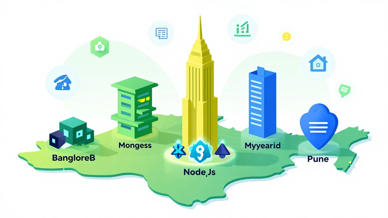 Illustration of web dev stacks connecting Indian tech hubs