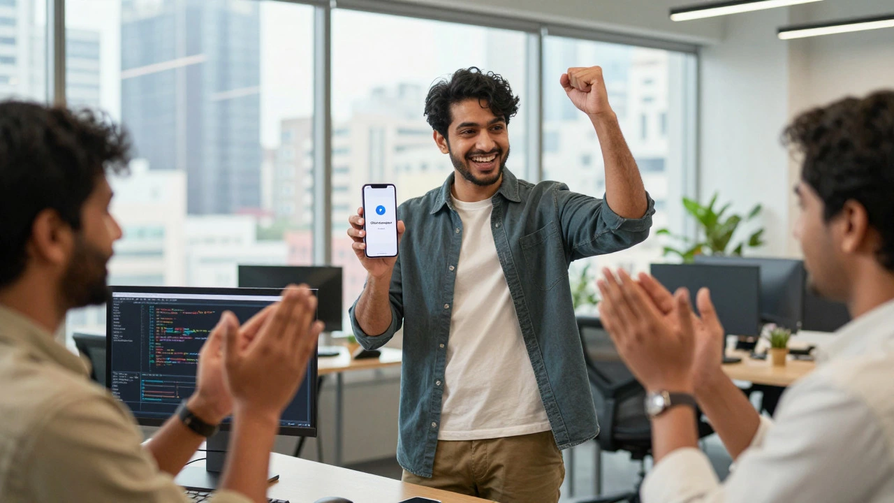 Junior developer celebrating first job offer in coworking space
