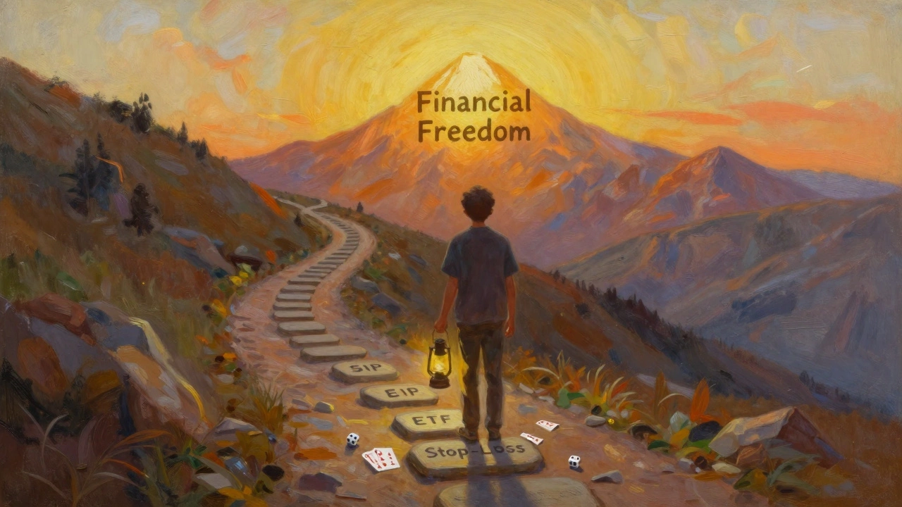Person climbing a financial growth path using discipline instead of gambling