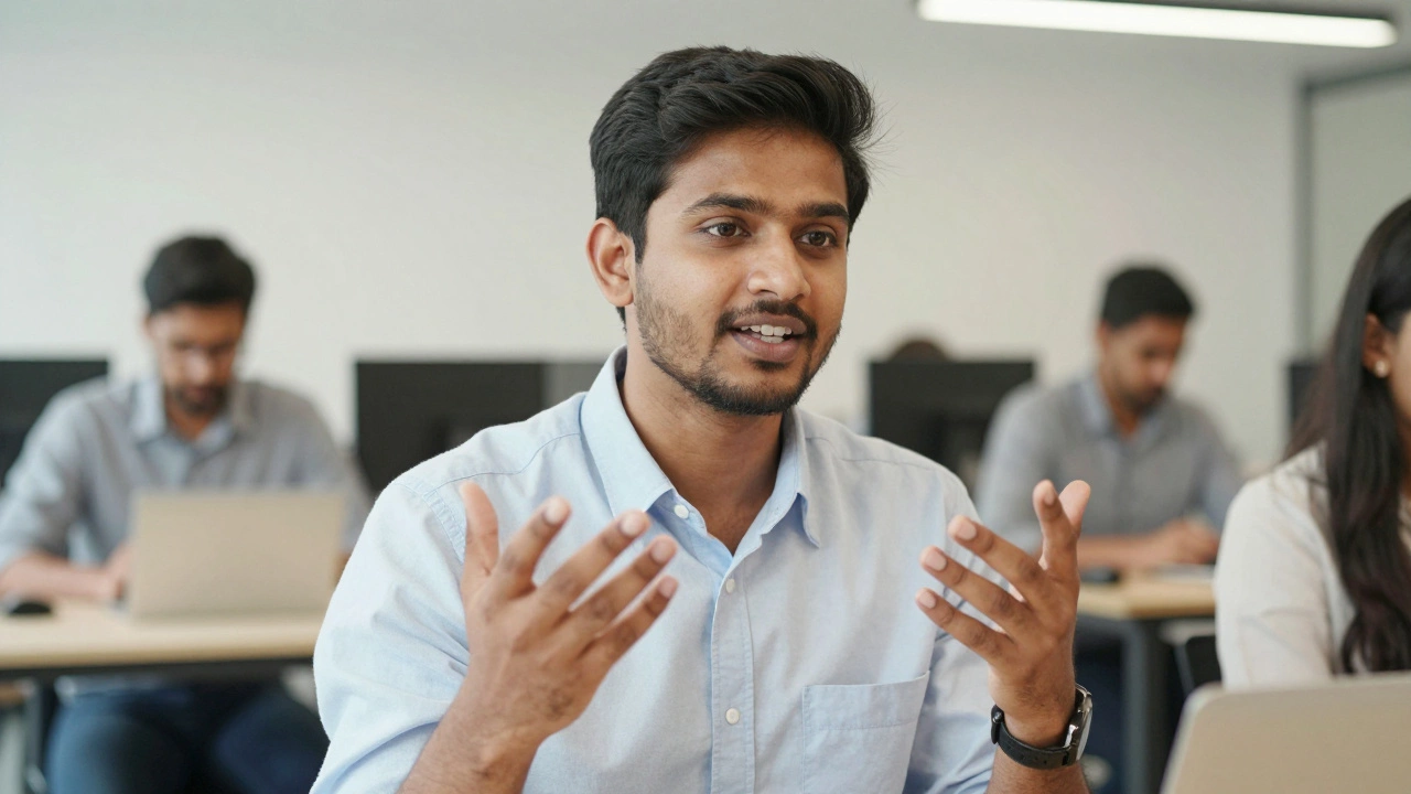 Professional practicing spoken English in a modern office setting