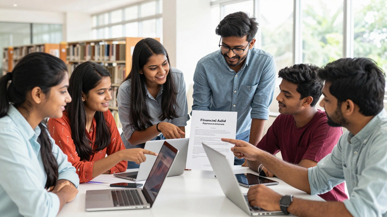 Students sharing knowledge in a sunny Indian public library