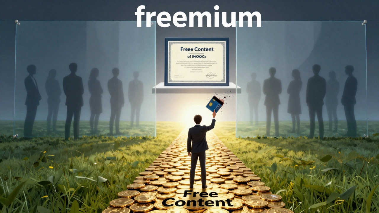 Surreal art showing paywall blocking free learners from certificates