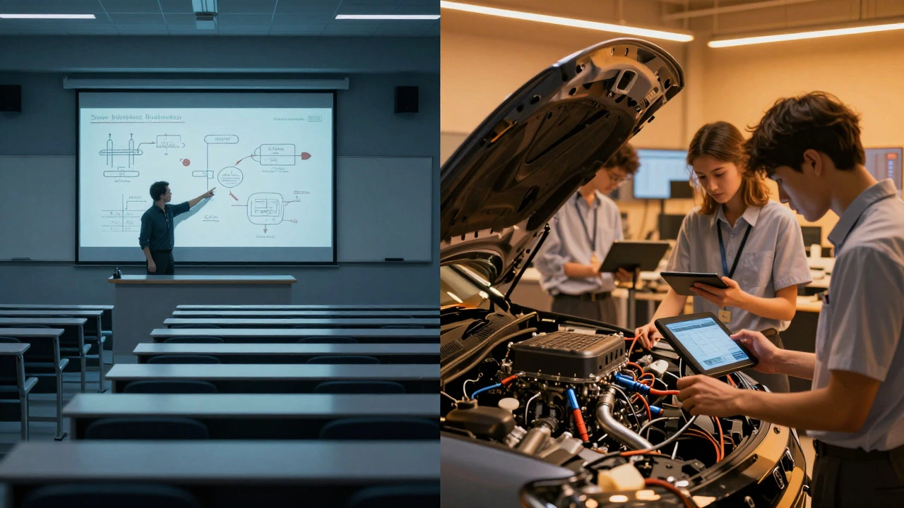 Contrast between traditional lecture hall and active automotive lab