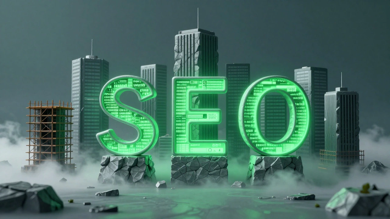 Digital skyscrapers rising from mist symbolizing long-term SEO asset building.