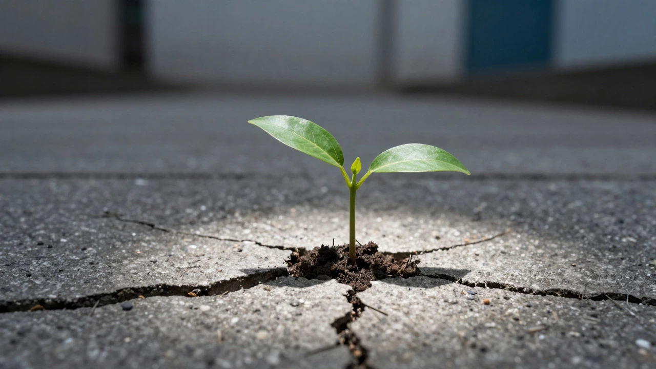 Green seedling growing through cracked concrete pavement in sunlight