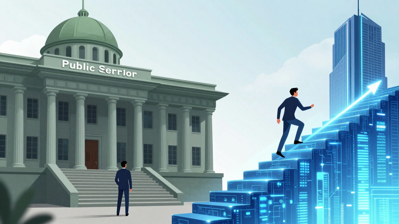 Illustration comparing stable government jobs versus fast-growing private sector roles