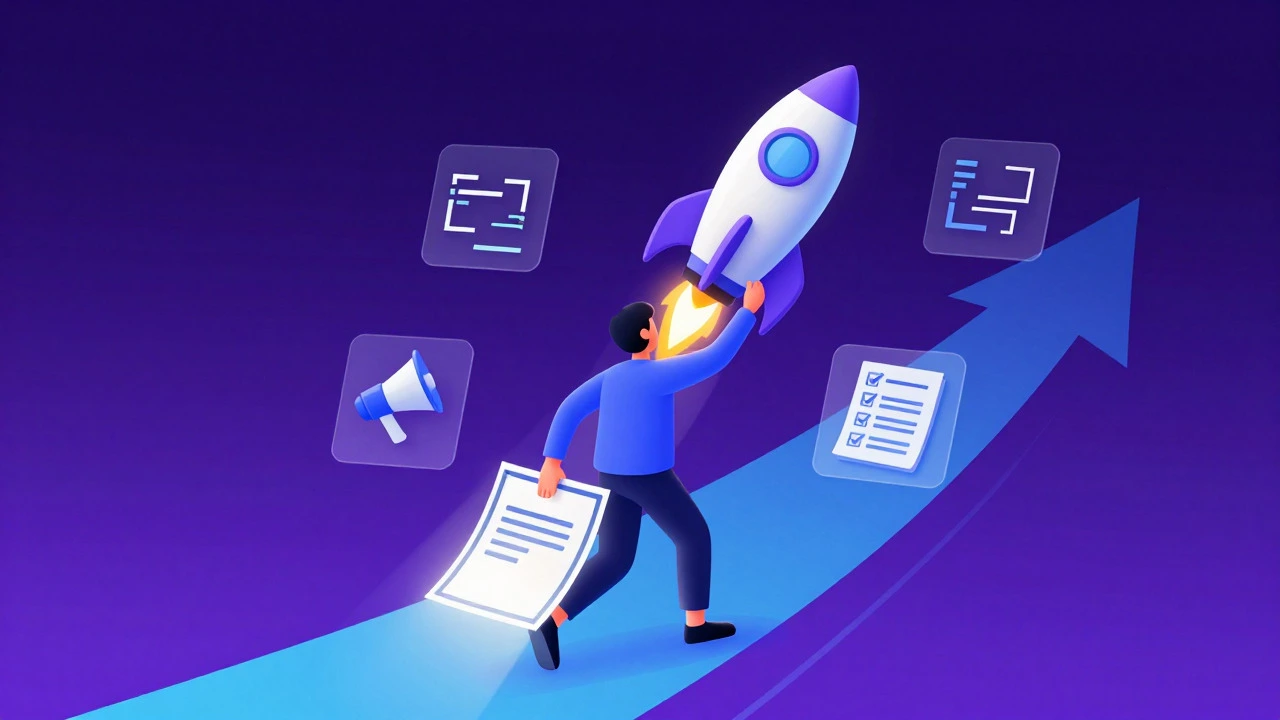 Illustration of a person launching a career with digital skill icons and a glowing certificate.