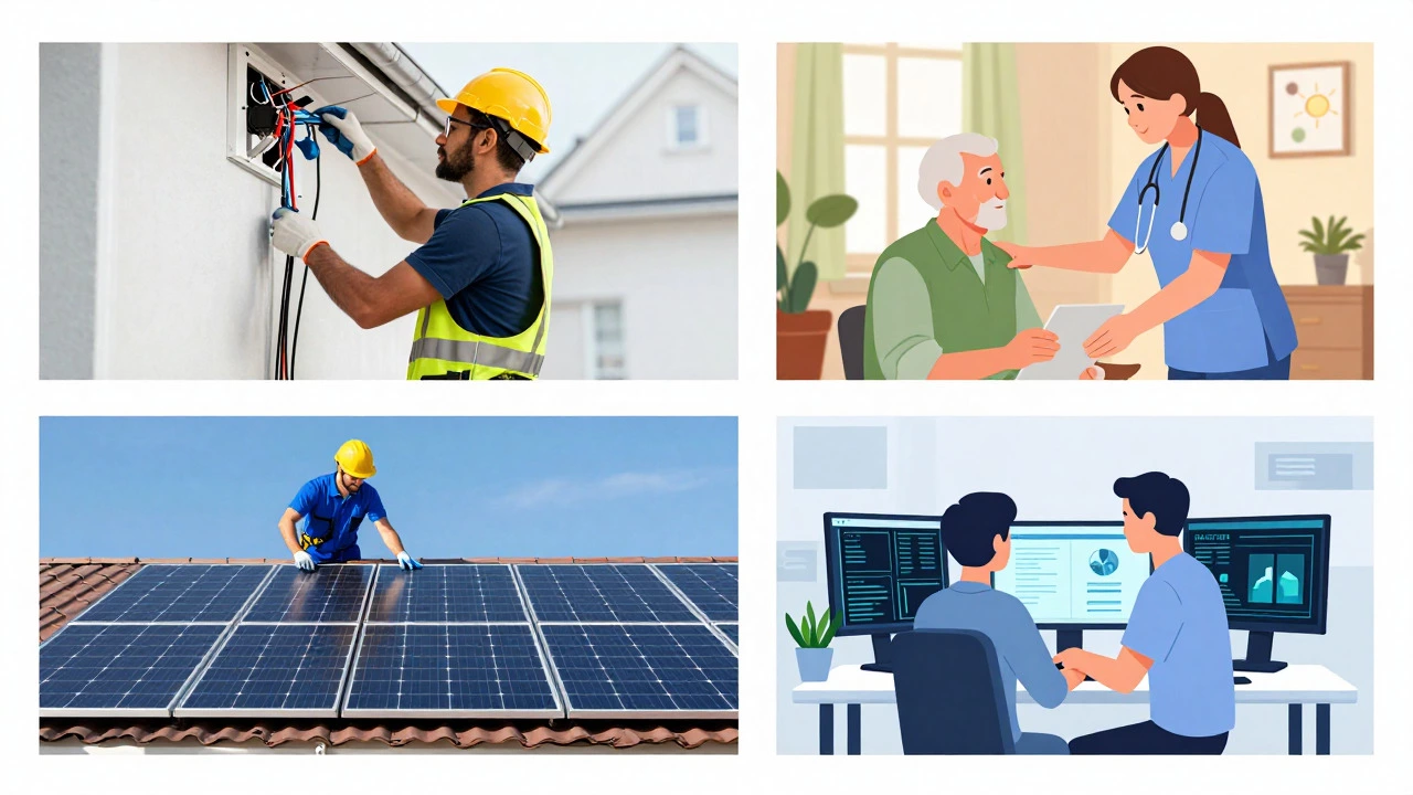 Illustration of electricians, healthcare workers, solar techs, and IT staff
