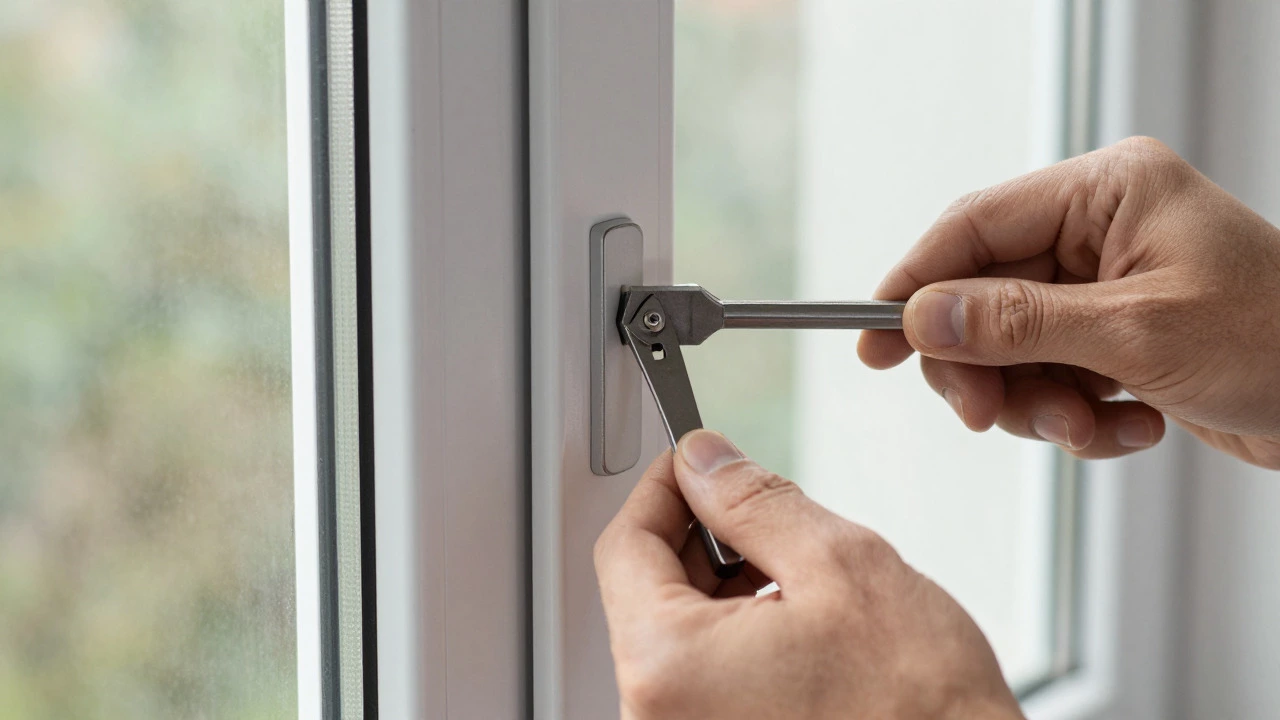 Locksmith using shim tool to open sliding window latch