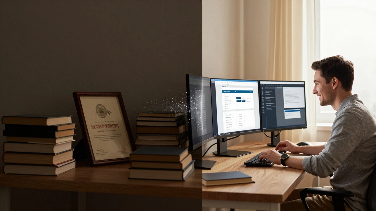 Split image contrasting a cluttered traditional desk with a bright, modern home office setup.