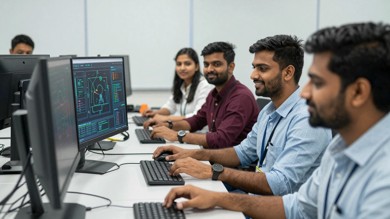 Students collaborating in a modern IT cybersecurity training lab
