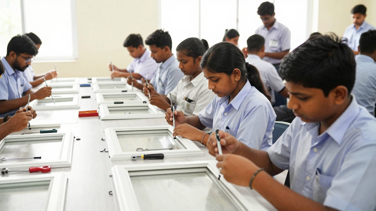 Students learning locksmith skills in Indian workshop