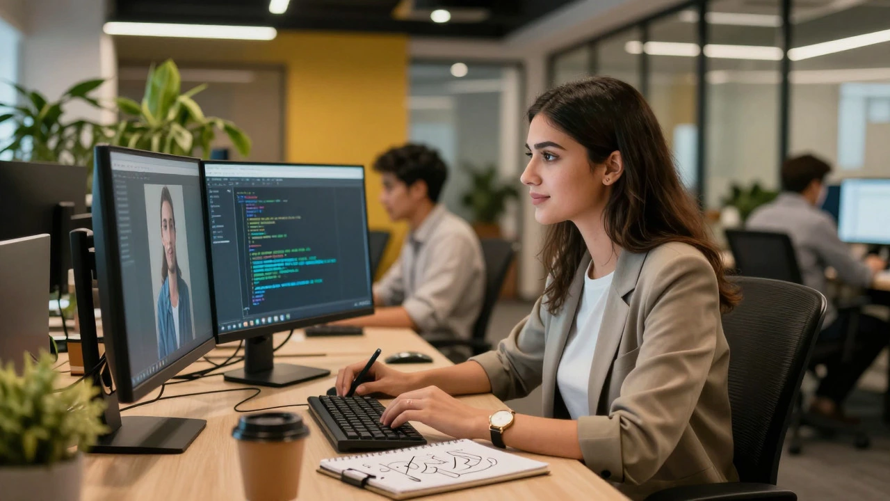 Young professional working in a modern tech office in an Indian metro city