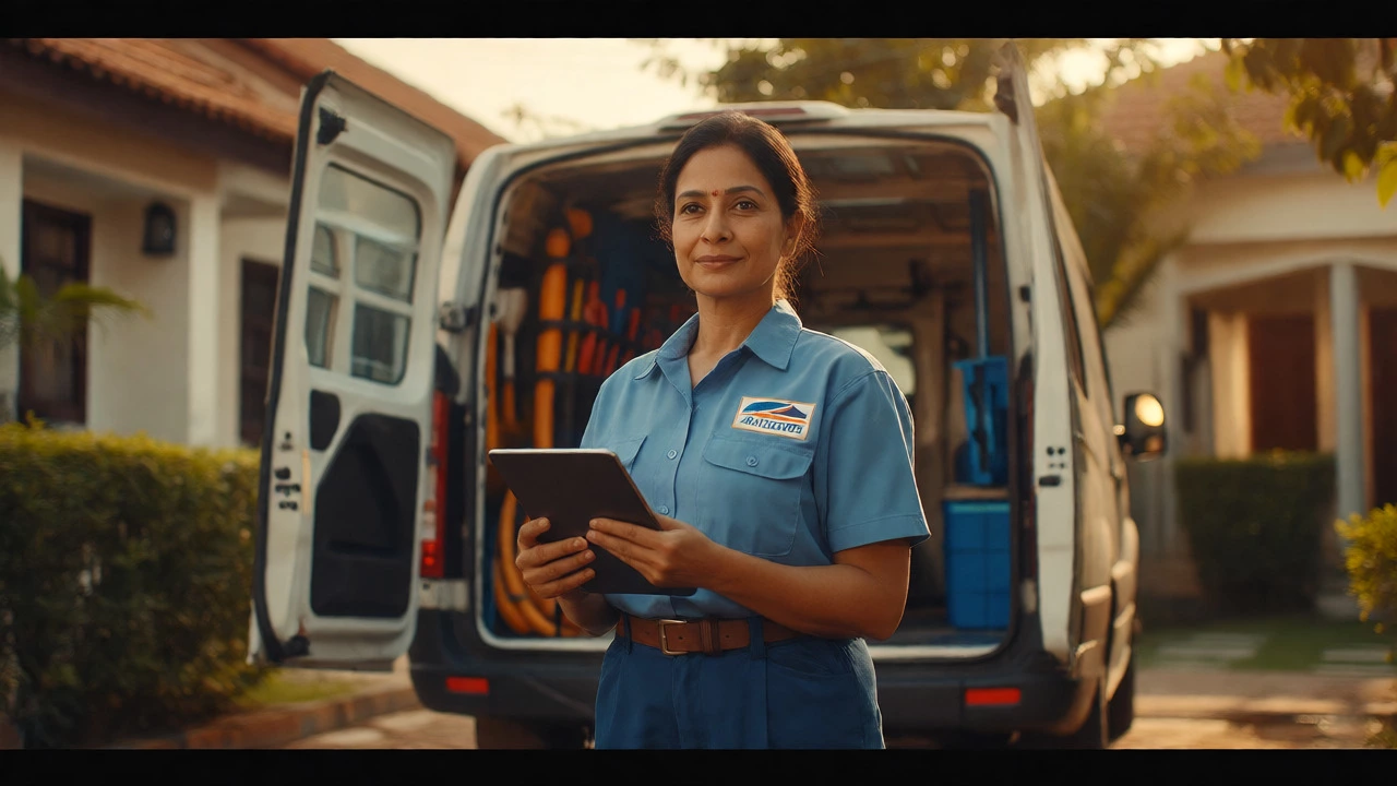 A confident female plumber stands by her van, reviewing work on a tablet after a successful day.