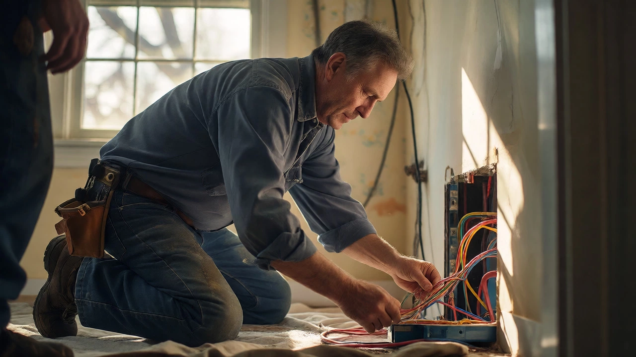 A mature electrician focuses on wiring a junction box while a younger colleague observes.