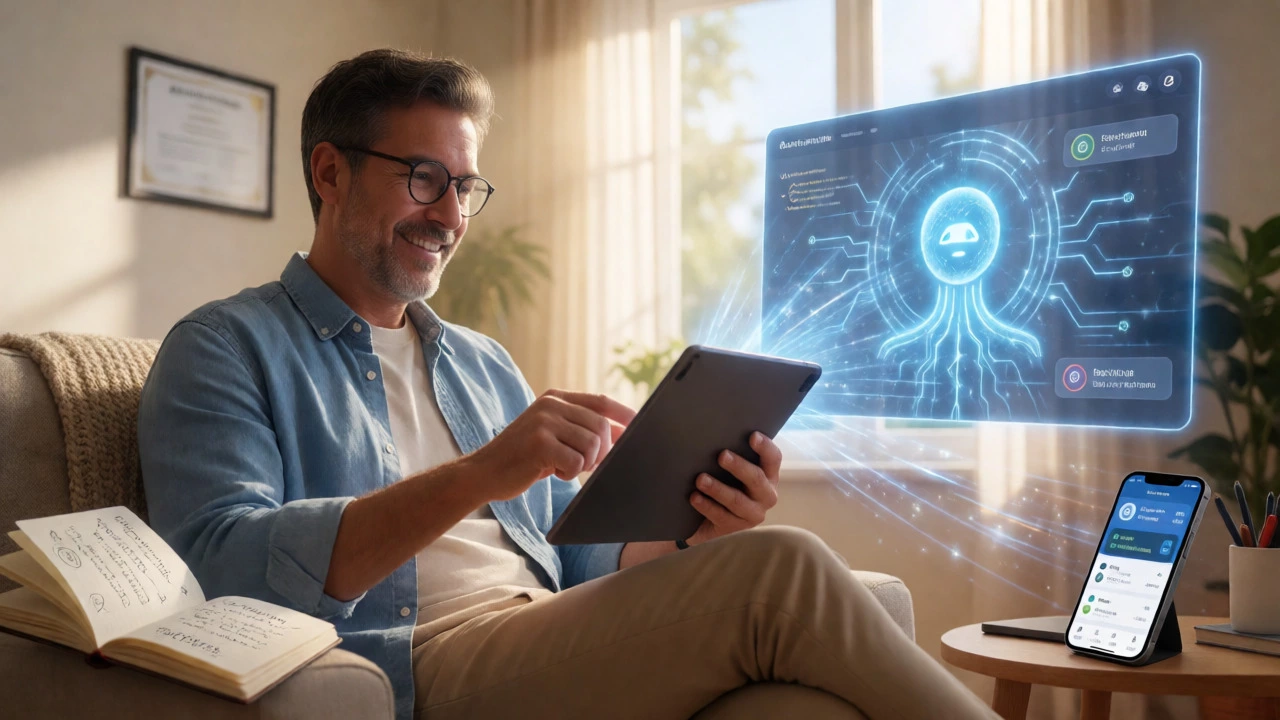 Adult learner upskilling with AI tools in a bright home office environment