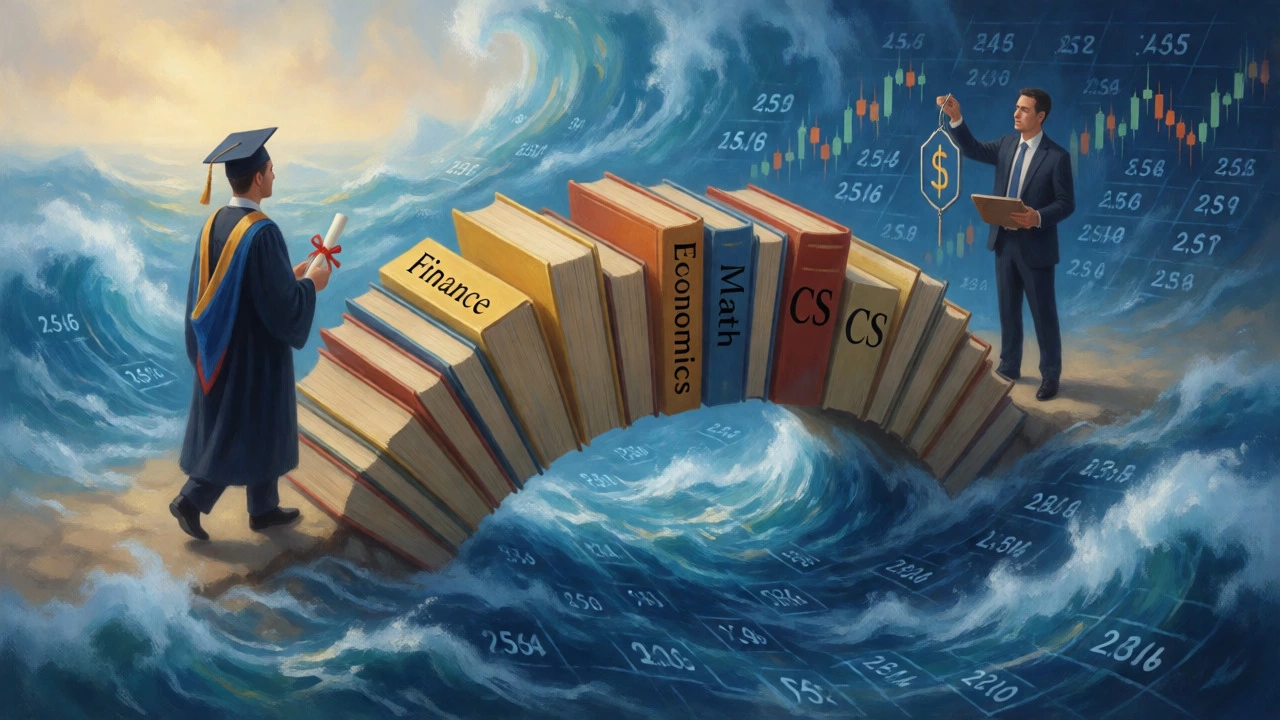 Conceptual bridge of degrees connecting education to trading markets.