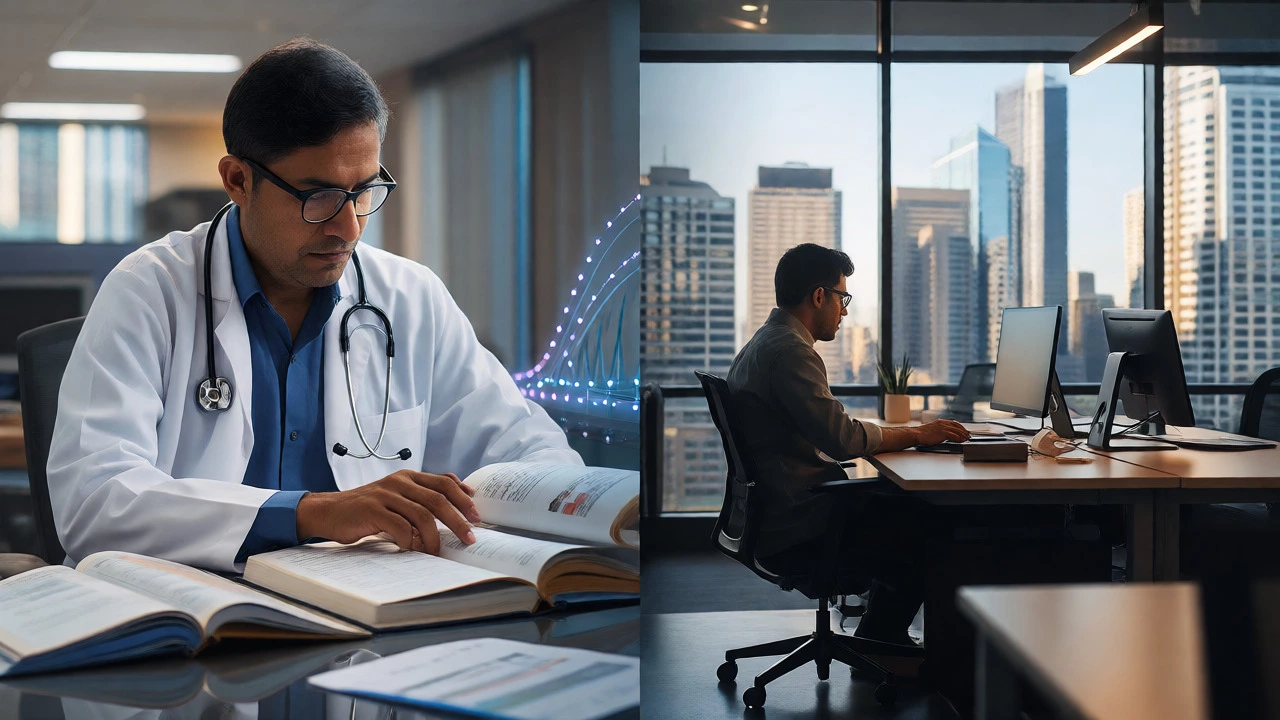 Doctor studying and engineer working linked by career path
