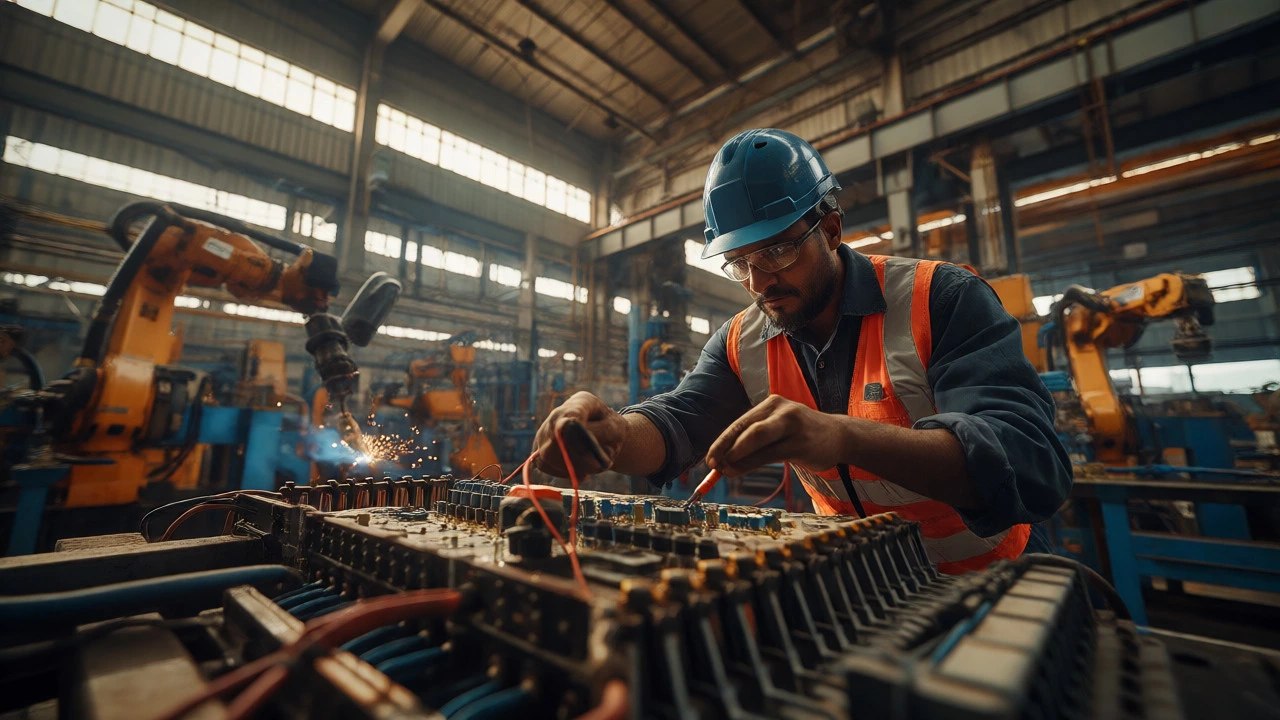 Electrical engineer testing circuits at an industrial manufacturing site
