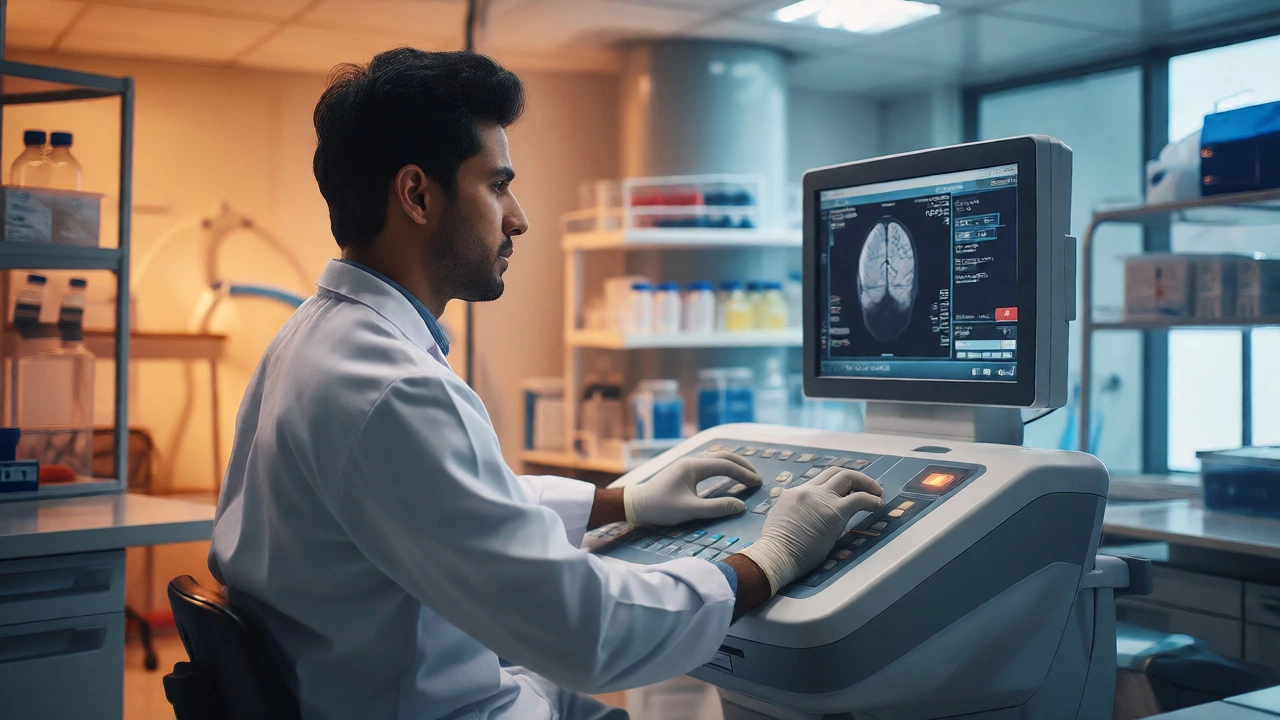 Medical technician operating MRI scanner in a modern hospital lab