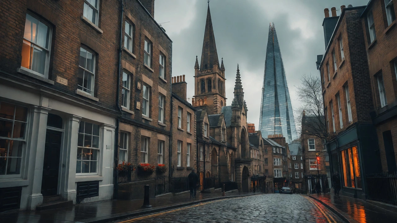 Moody, rainy cobblestone street in a historic UK city with a modern skyscraper in the background.