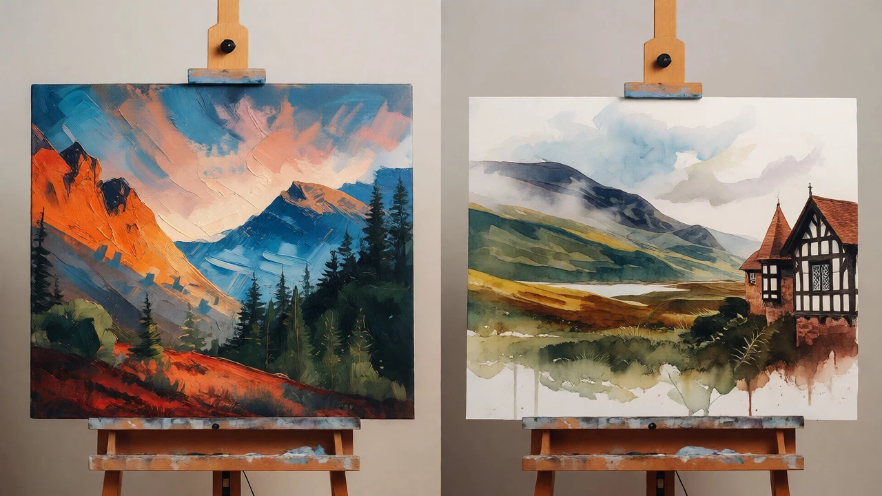 Side-by-side comparison of bold abstract art representing US landscapes and delicate watercolors for UK scenery.