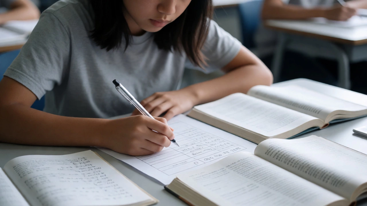 Student intensely studying for exams with books and notes