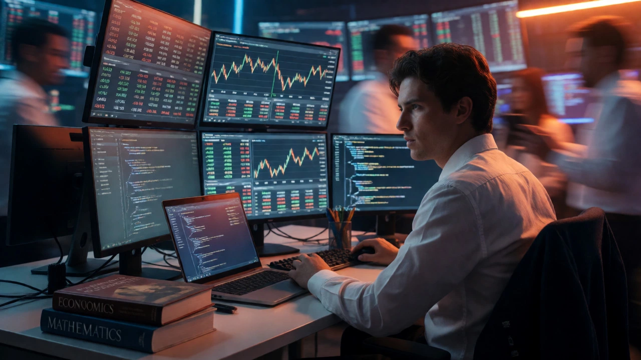 Trader analyzing market data and code at a multi-screen workstation.