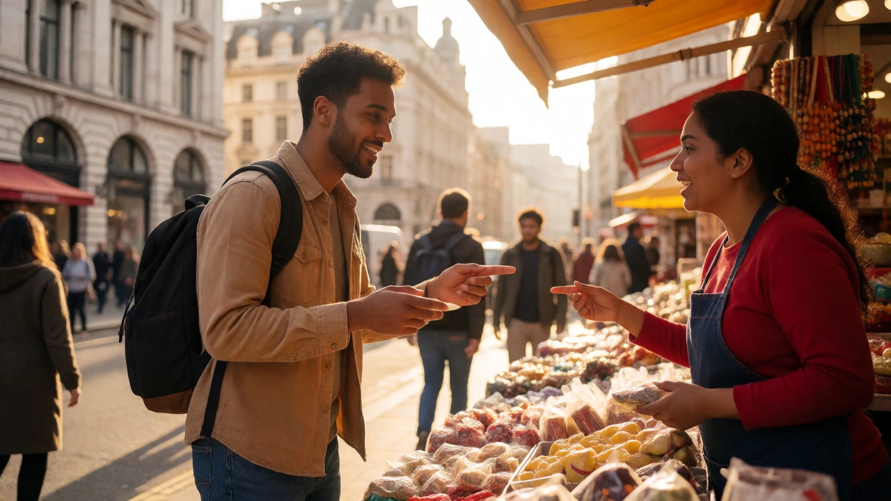 Traveler practicing English with a vendor in a busy city market