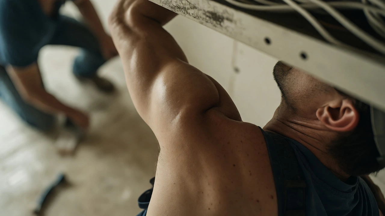 Close-up of electrician reaching overhead, highlighting shoulder tension