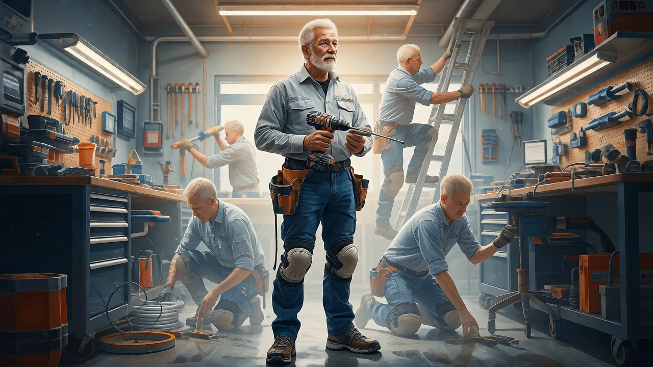 Experienced electrician with protective gear and modern tools in a workshop