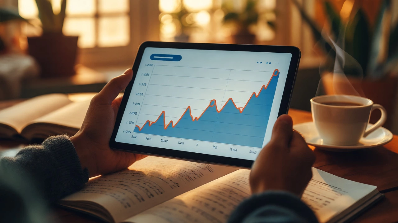 Hands holding a tablet showing rising marketing analytics and growth