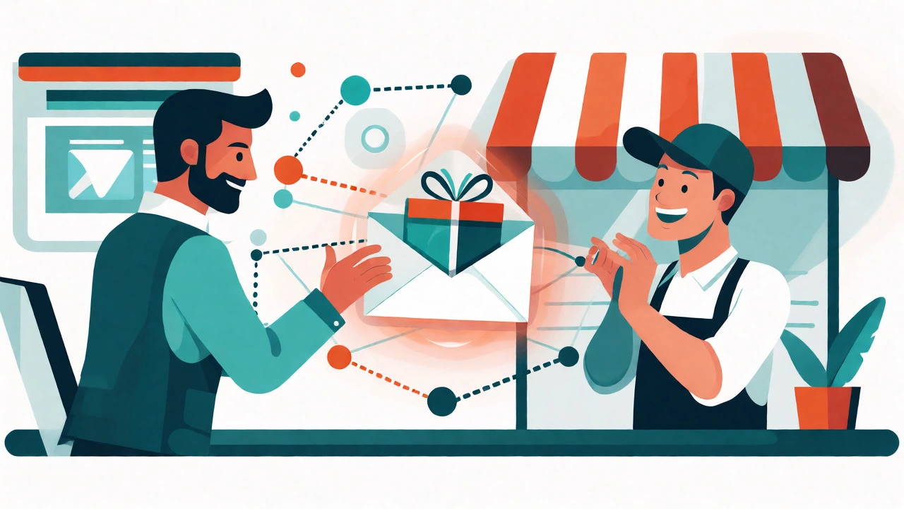 Illustration of a marketer sending value to a business owner via a digital connection.