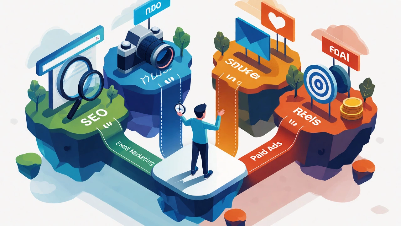 Illustration of choosing a digital marketing specialization from four options.