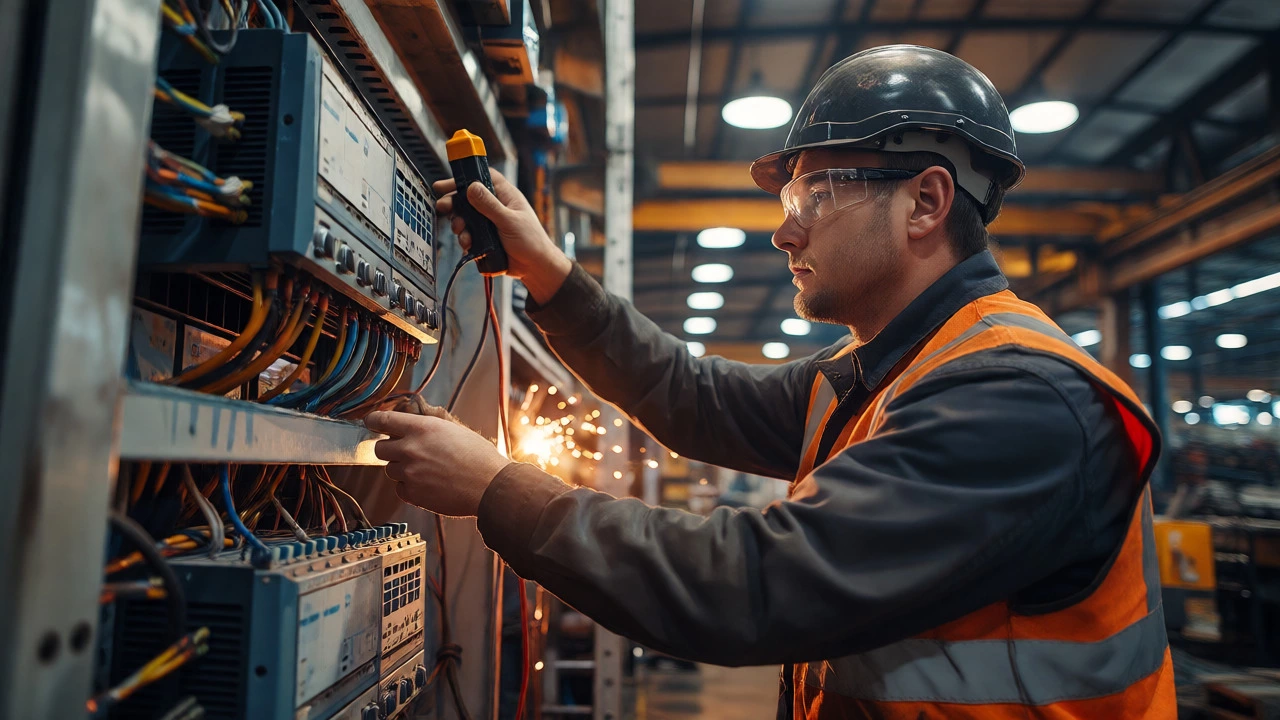 Industrial electrician troubleshooting complex machinery in a factory
