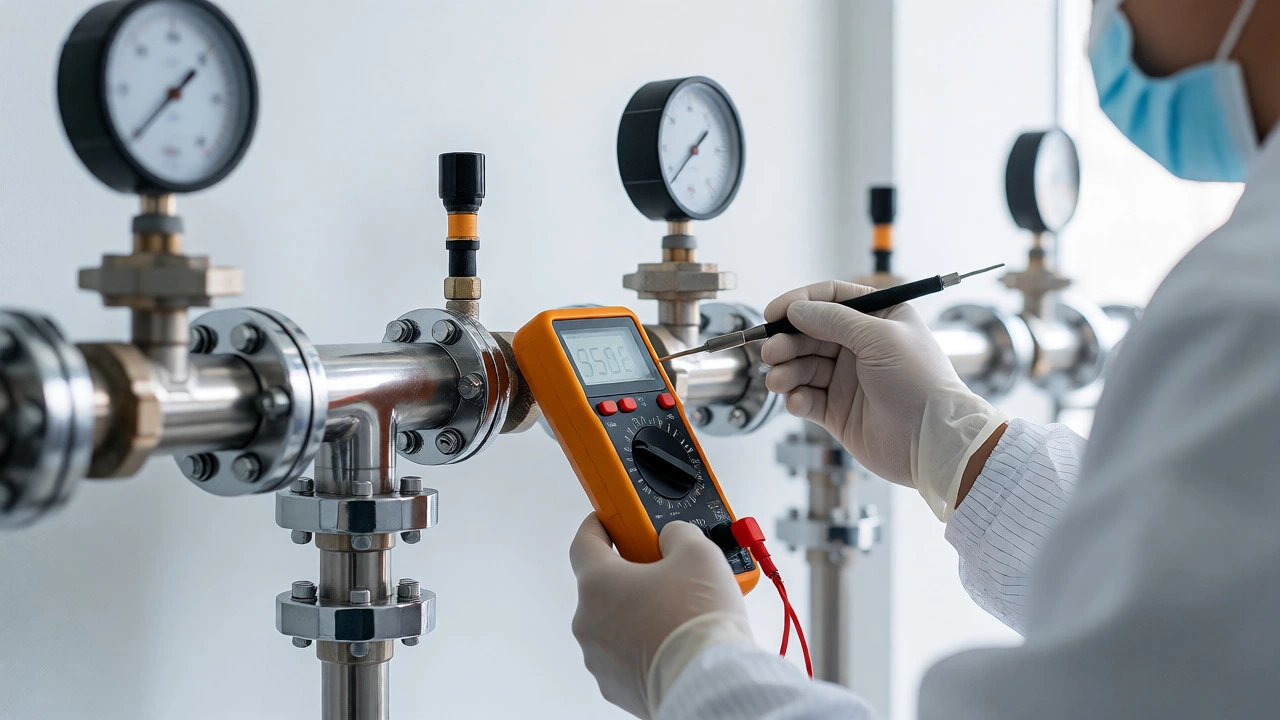 Instrumentation technician calibrating sensors in a clean lab