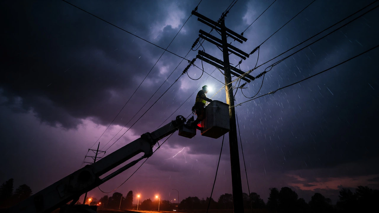 Lineman working on high-voltage power lines in stormy weather