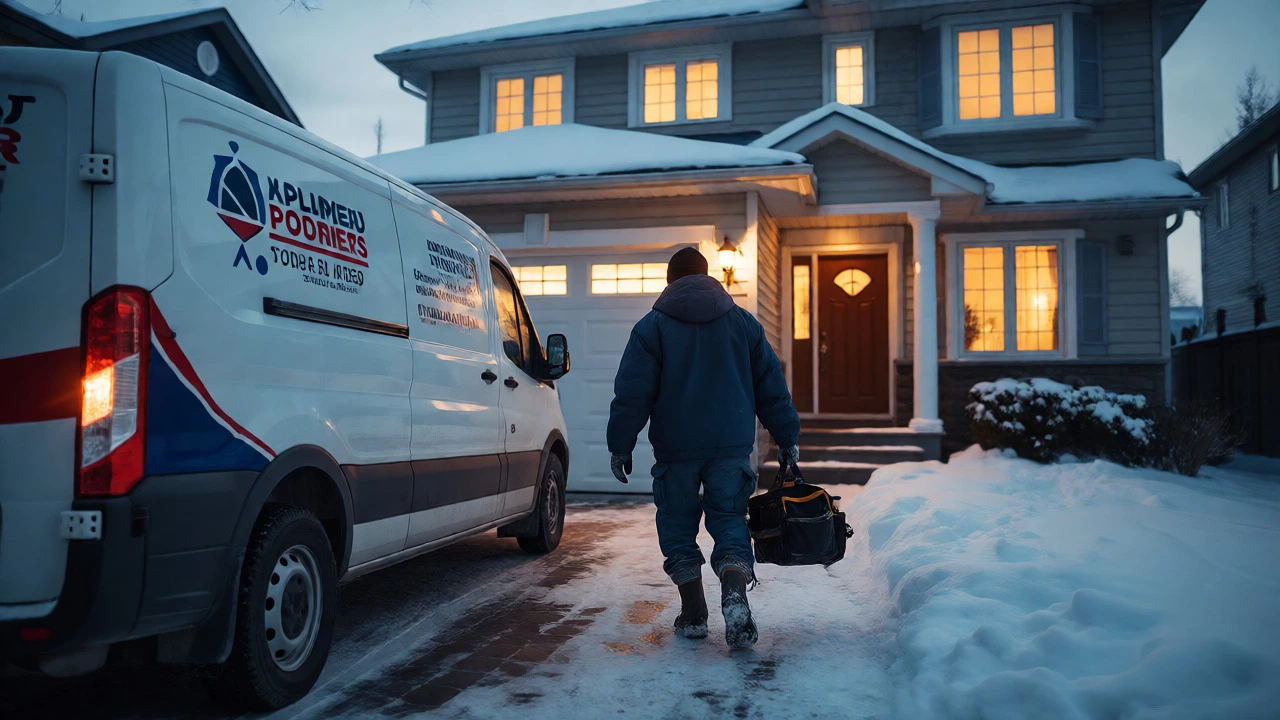 Plumber arriving at a snowy suburban home with tools in hand