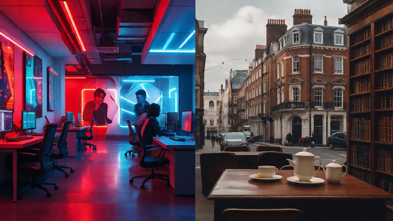 Split view contrasting American tech culture and British tradition