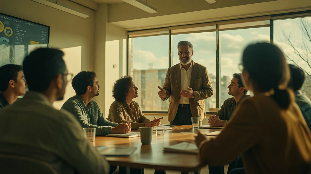 Team collaborating in a warm, well-lit meeting space demonstrating empathy
