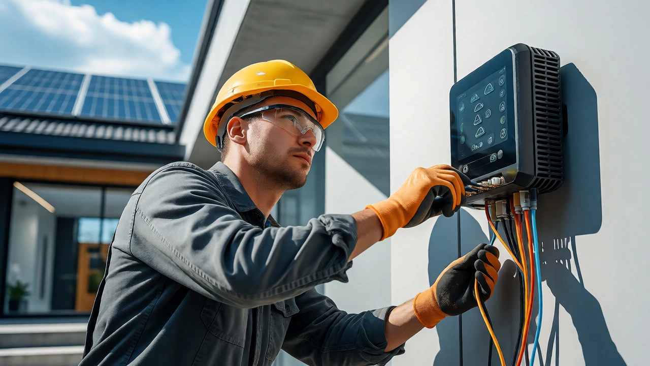 Technician installing smart home devices with solar panels in background