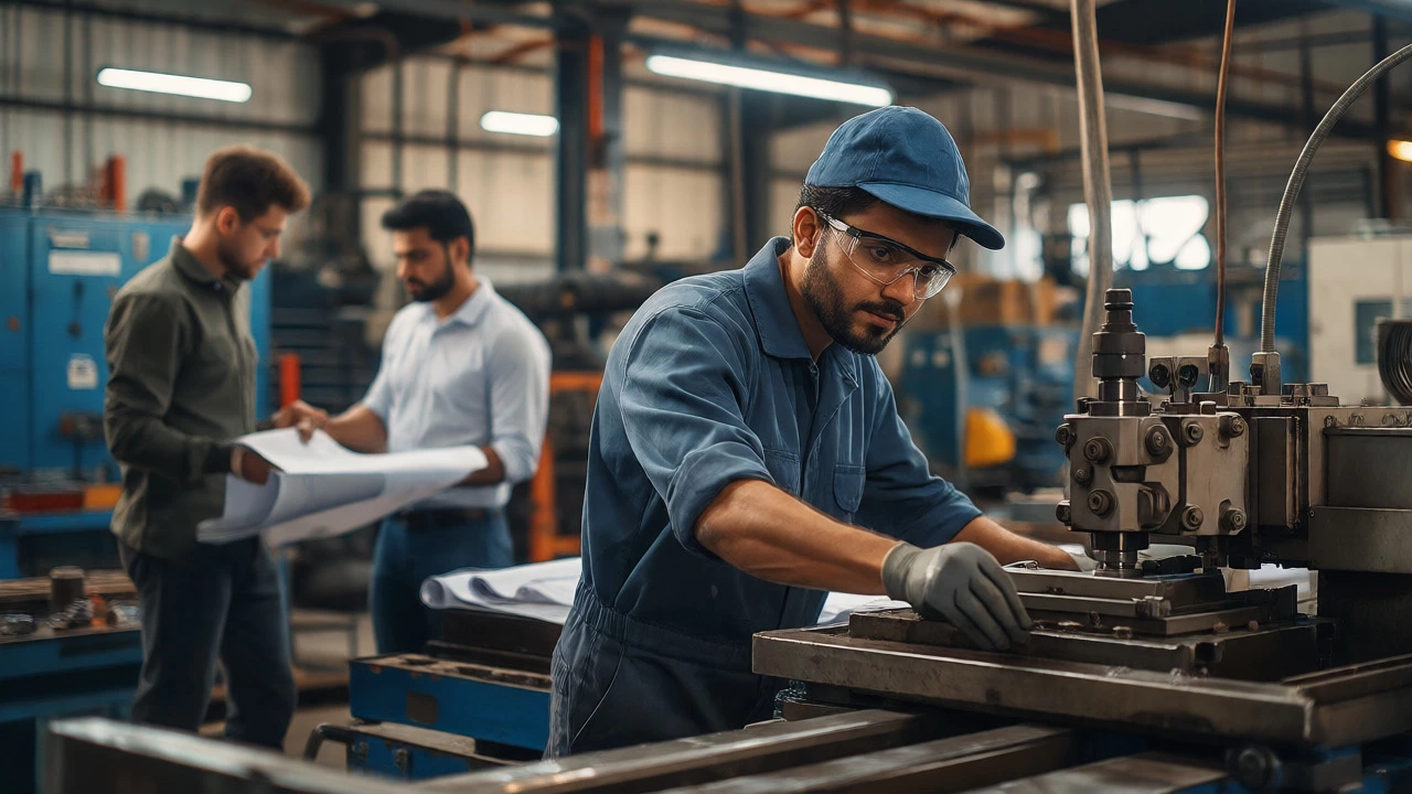 Technician operating machinery while engineers plan in background